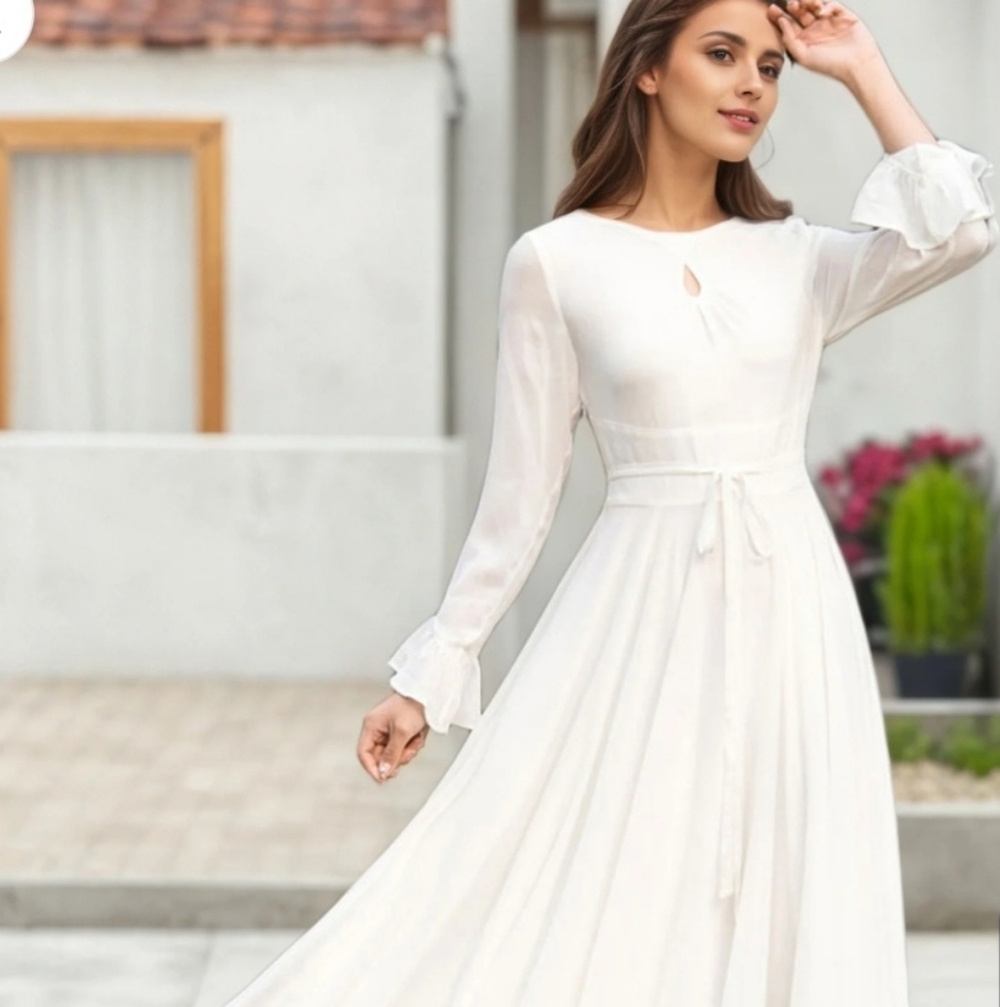 Custom Handmade White Chiffon Bohemian Maxi Dress | Long Sleeve | Never Worn